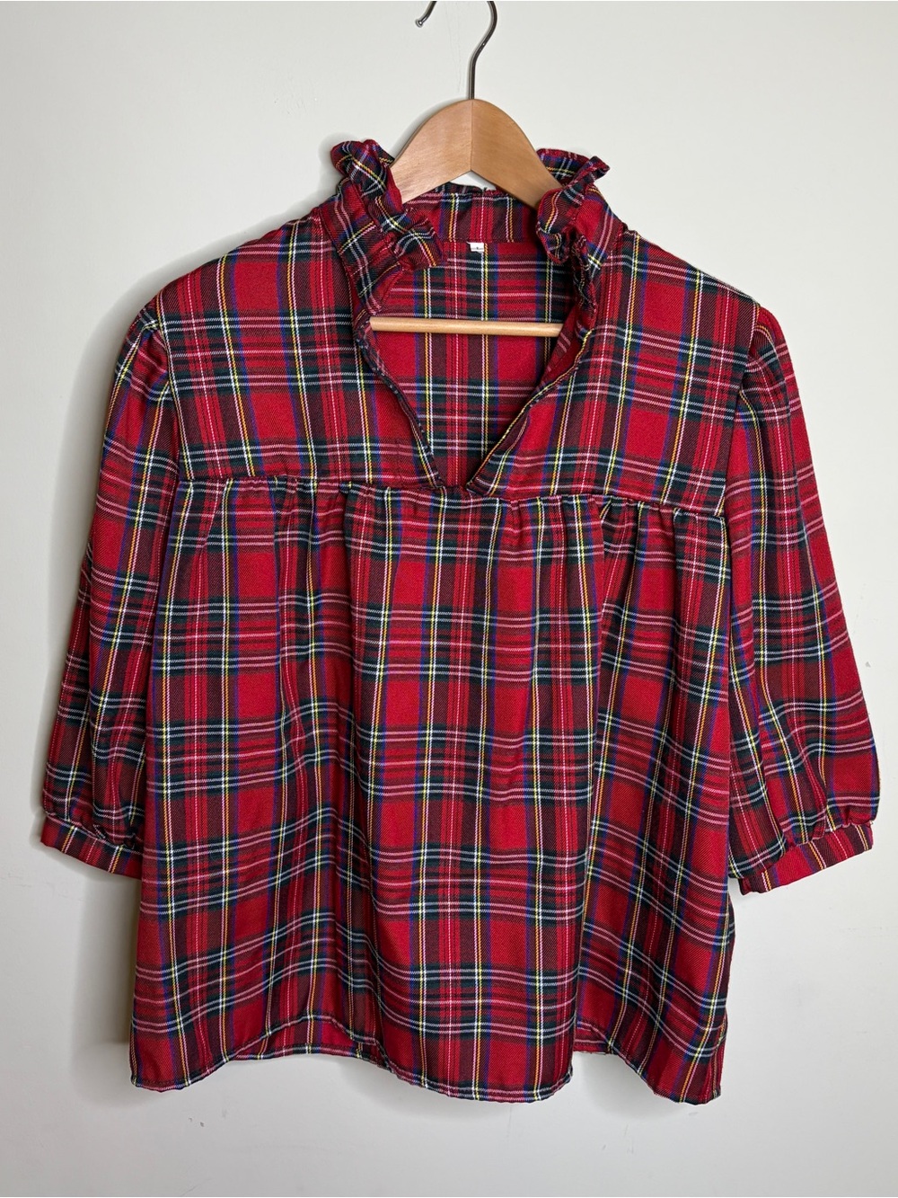 Red Plaid Ruffle Collar 100% Cotton Women's Top